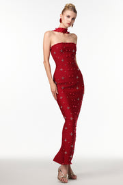 Robe longue moulante sans manches Nesya couleur lie-de-vin à perles